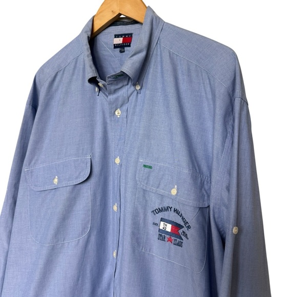 VINTAGE! 90’s Tommy Hilfiger Men's XL Blue Embroidered Long Sleeve Button-Up - Picture 1 of 7